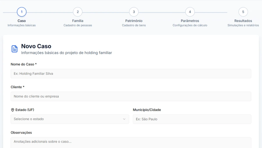 Wizard guiado do software de Holding Familiar — fluxo passo a passo para criar casos