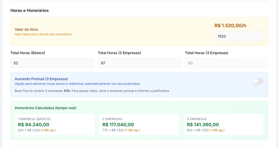 Cálculo de honorários e horas no software de Holding Familiar — proposta profissional